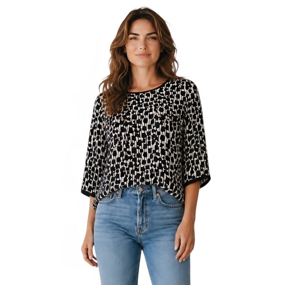 Cynthia Rowley Womens Pullover Blouse Size S Black White 3/4 Sleeve Top